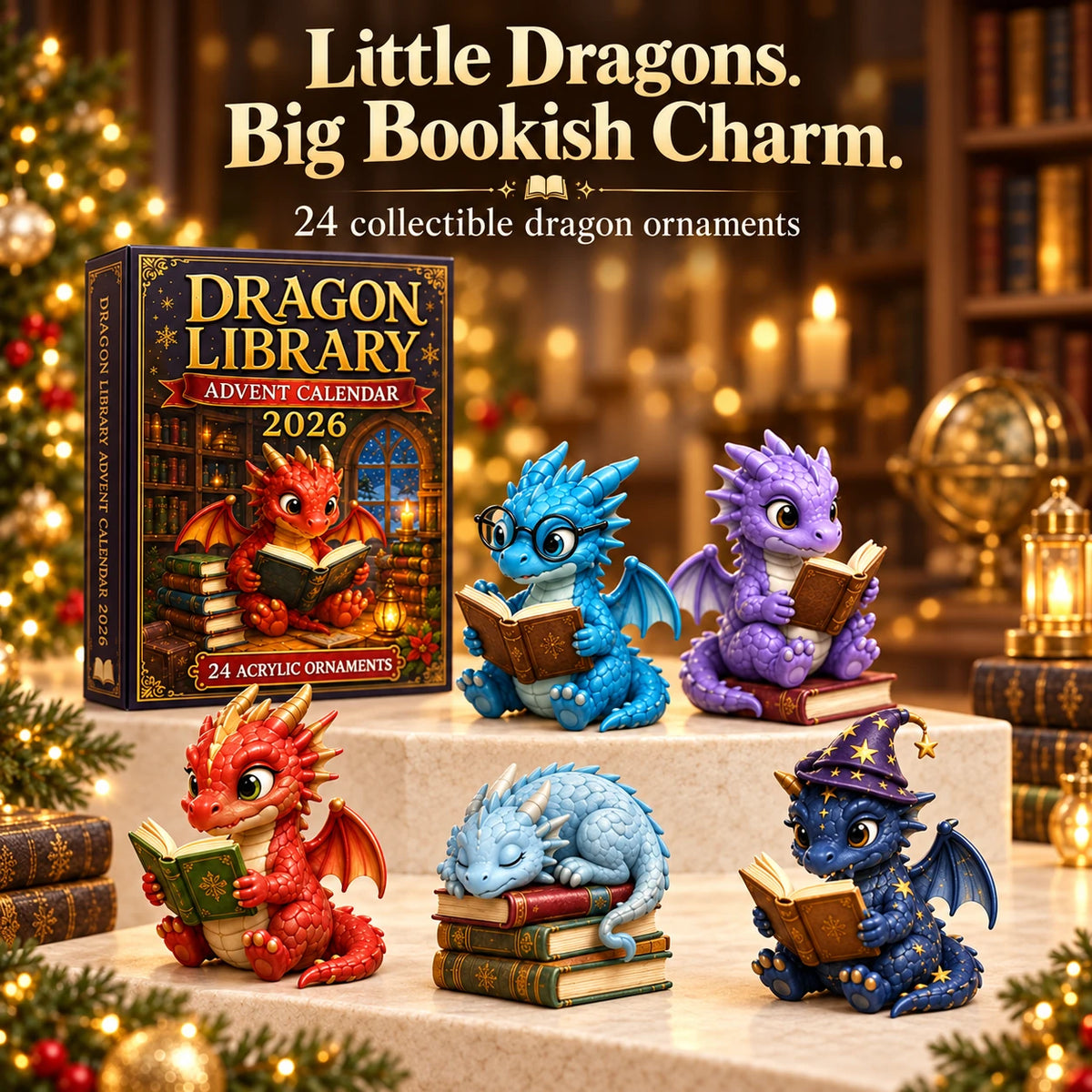 Dragon Library Advent Calendar 2026 with assorted reading dragon ornaments