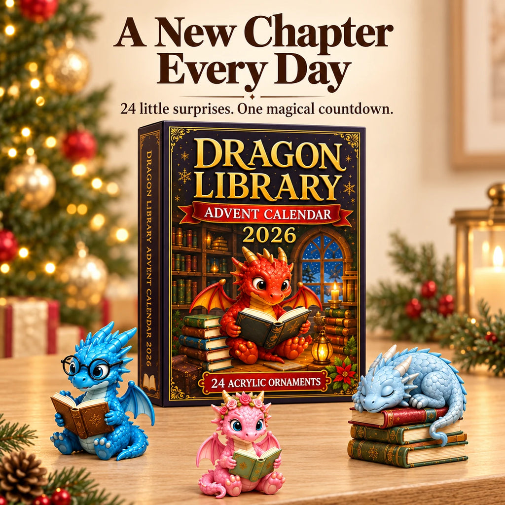 Dragon Library Christmas countdown box with colorful bookish dragons