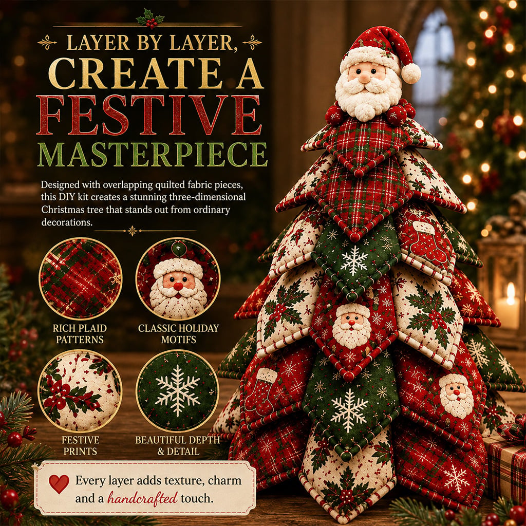 DIY Quilted Christmas Tree Craft Kit – layered patchwork Christmas tree details