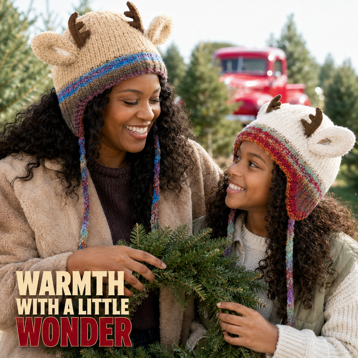 Convertible Reindeer Antler Knit Hat & Mini Bag – adult and child wearing reindeer antler hats