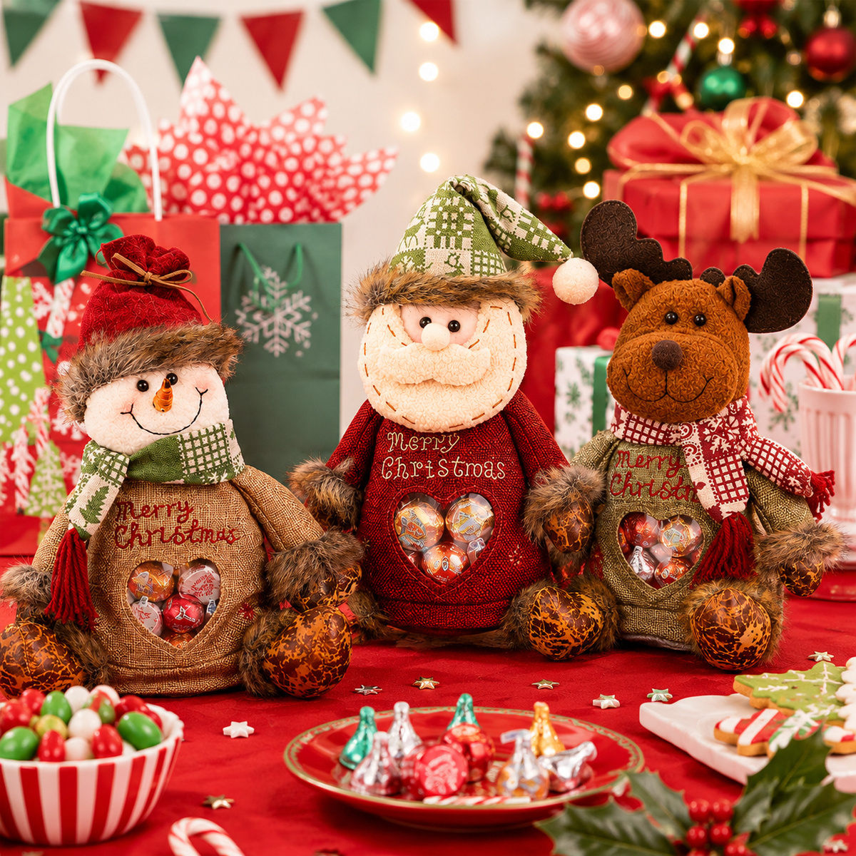 Christmas Character Zipper Gift Bag – Christmas character bags on a holiday table
