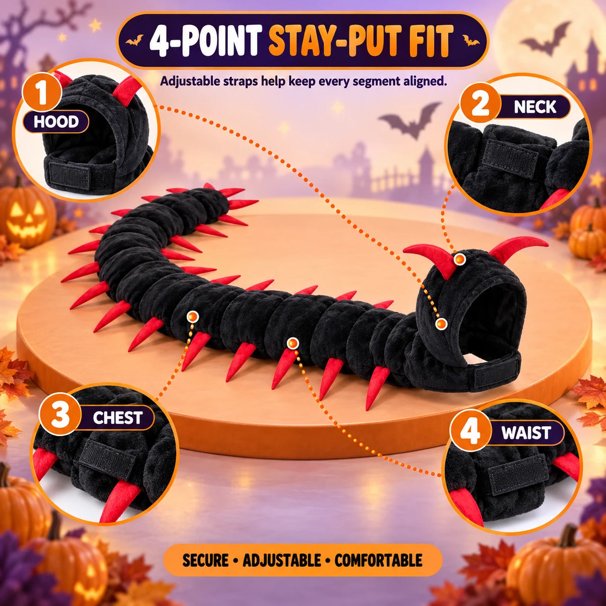 Centipede cat costume fastening diagram showing hood, neck, chest and waist sections