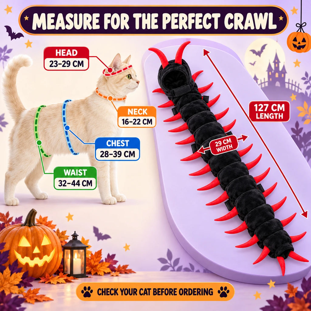 Cat centipede costume size chart with head, neck, chest, waist and body length measurements