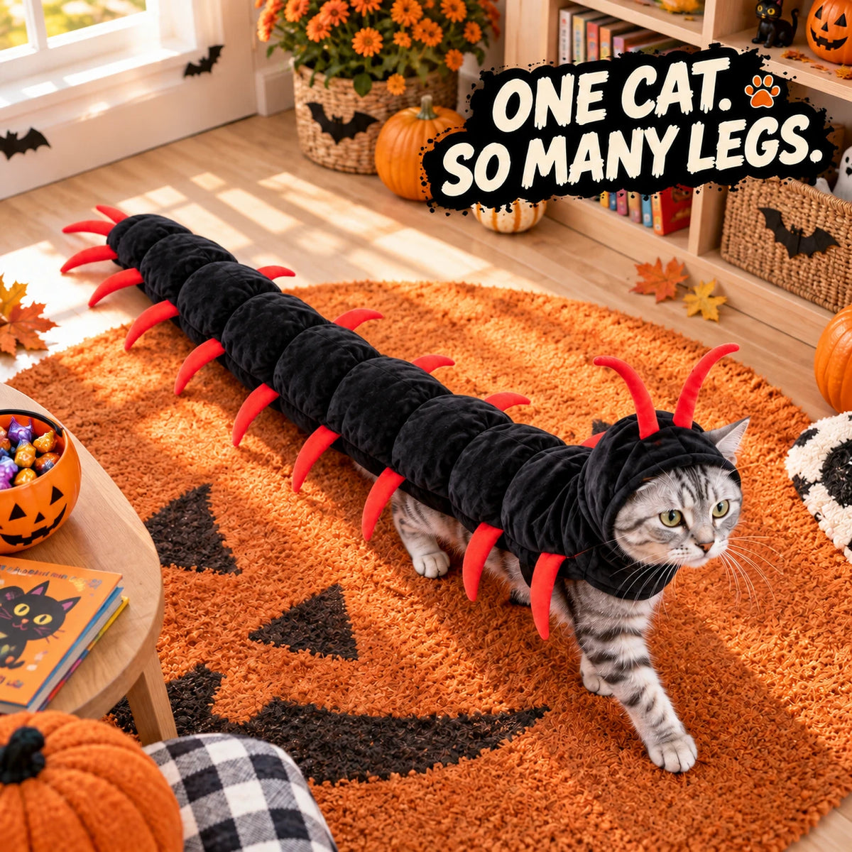 Cat wearing a long black and red centipede costume on an indoor rug