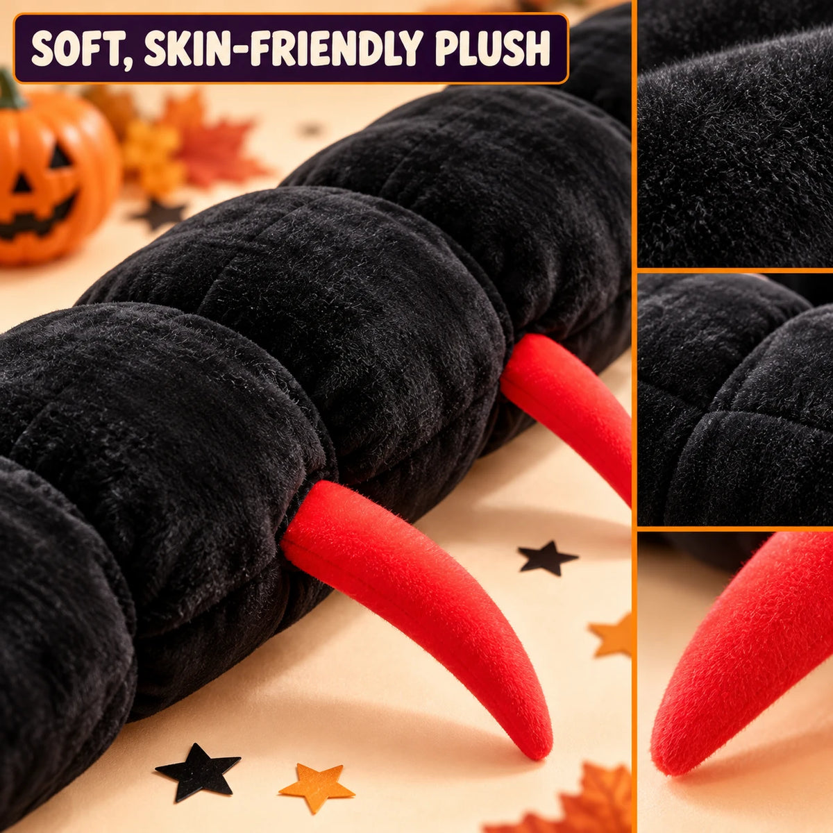 Close-up of the centipede costume plush black body and red legs