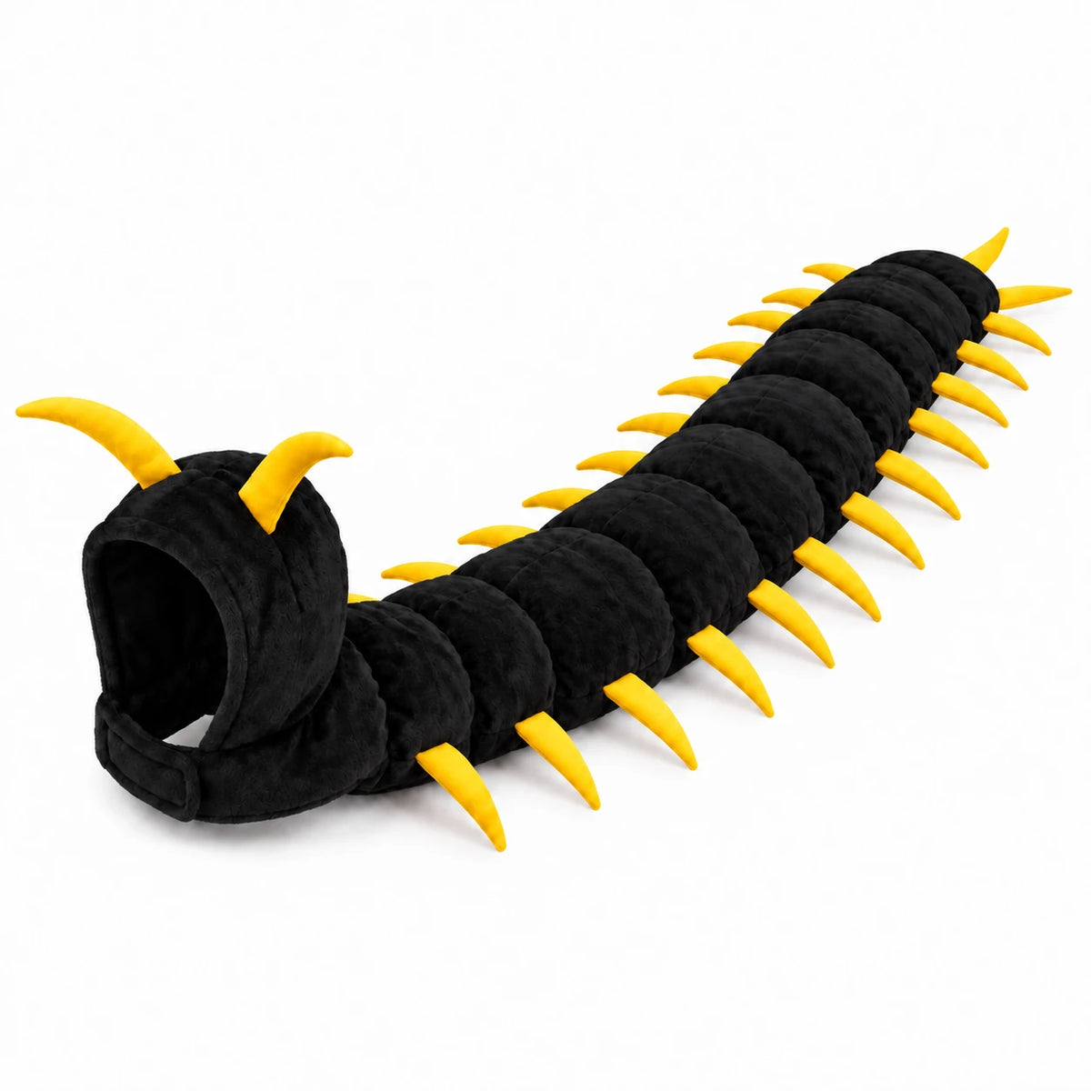 Black and yellow centipede cat costume on a white background