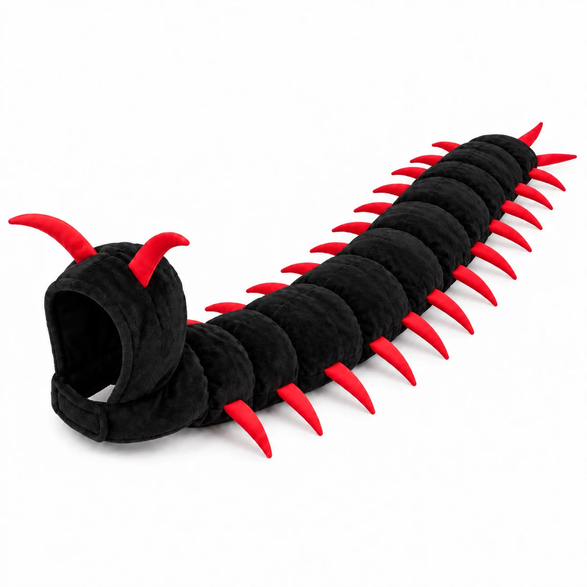 Black and red centipede cat costume on a white background