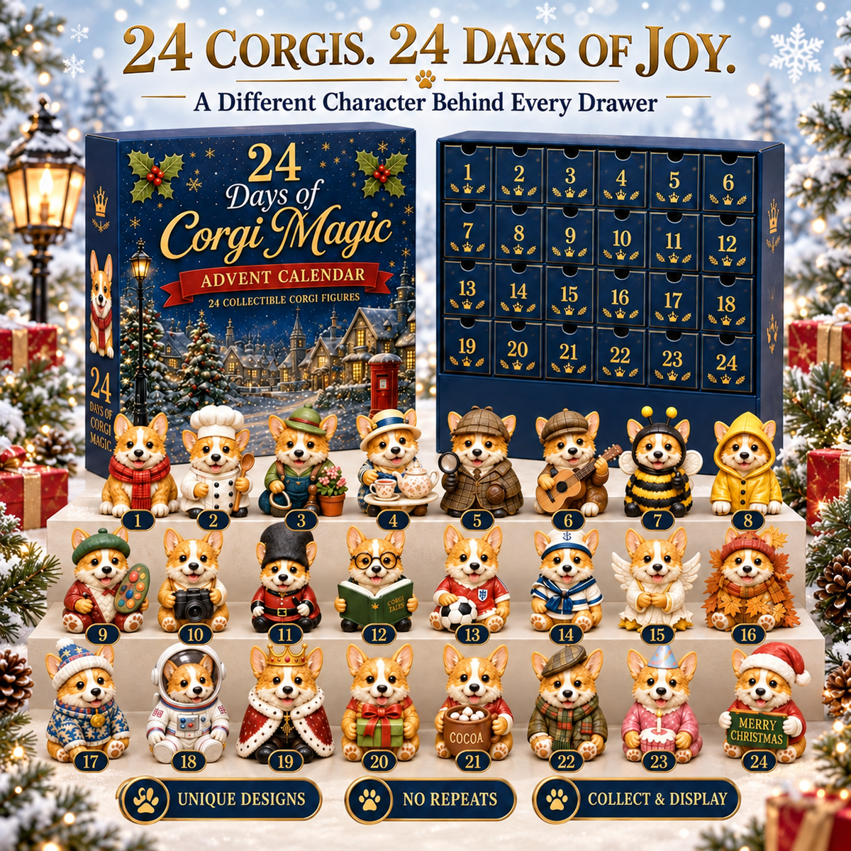 Corgi Advent Calendar 2026 with 24 numbered compartments and costumed corgi characters