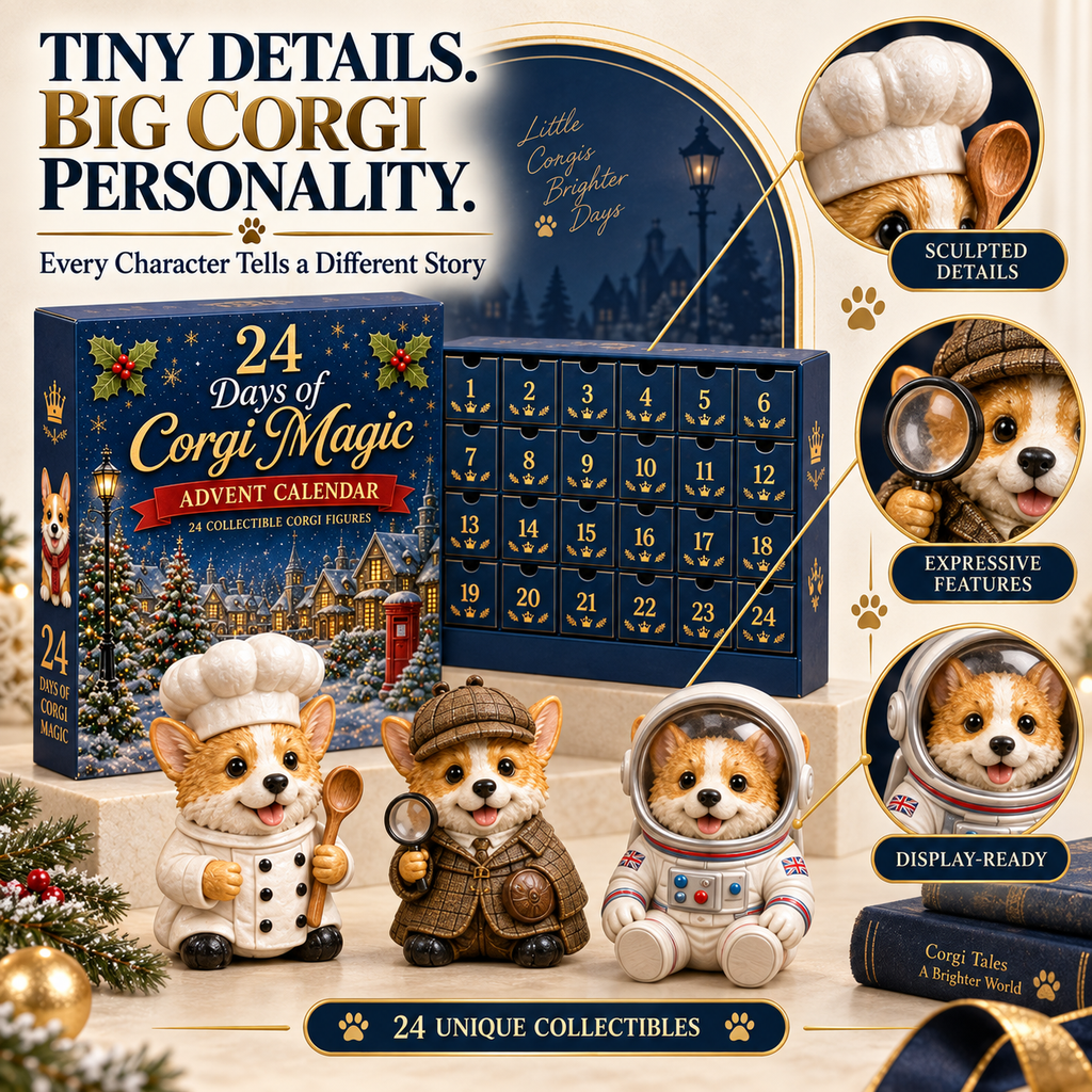 Chef and astronaut corgi character details beside the Christmas advent calendar