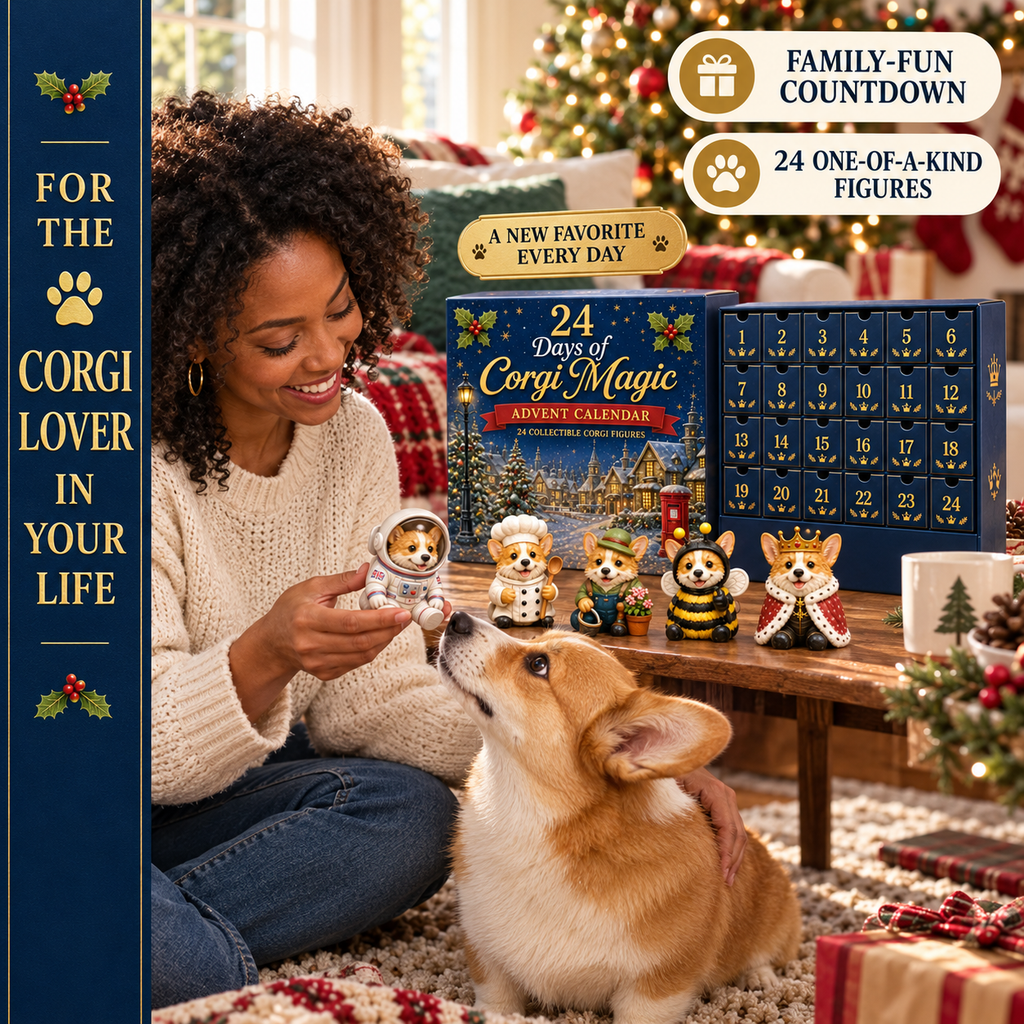Woman displaying a corgi character beside her dog and the advent calendar