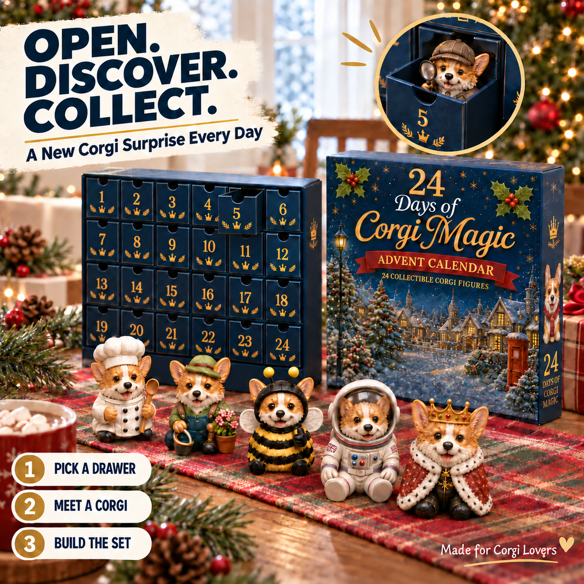 Corgi advent calendar showing numbered compartments and a character collection