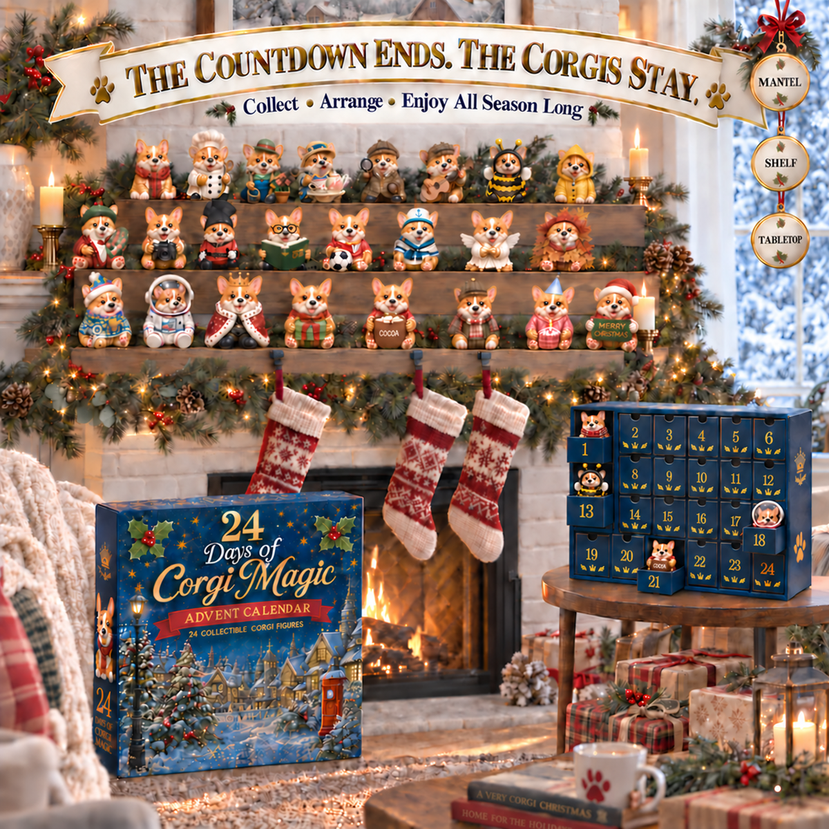 Collected corgi Christmas characters arranged on a festive mantel and shelf