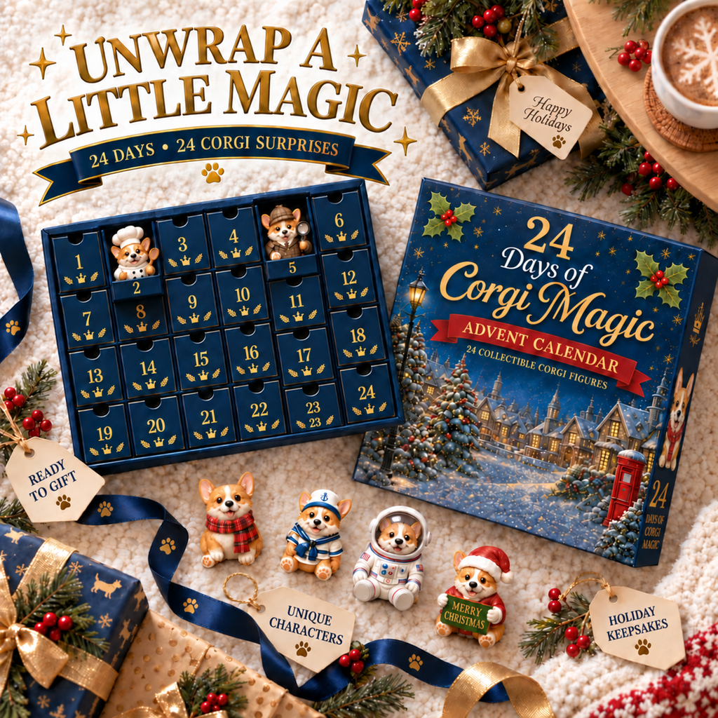 Corgi advent calendar gift boxes beside a decorated Christmas tree