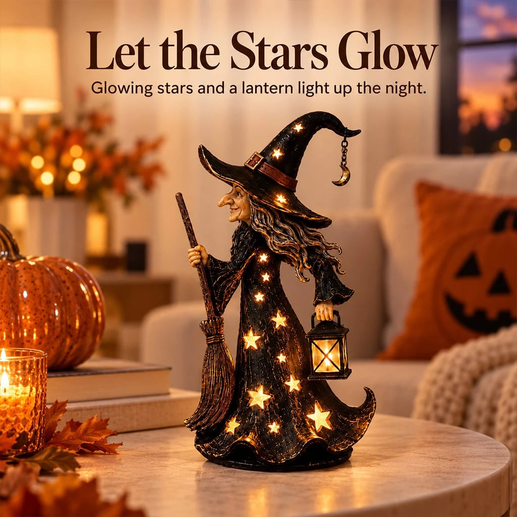 Witch night light with illuminated stars in a cozy autumn room