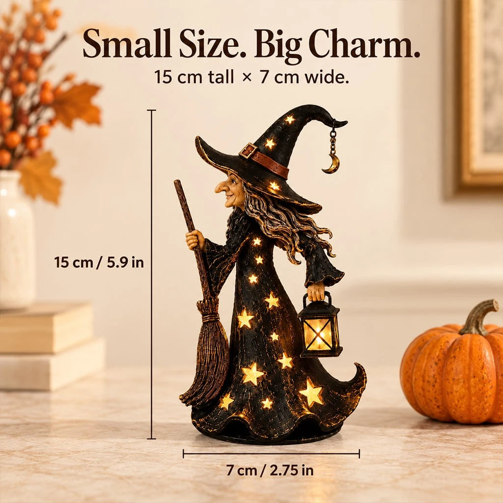 Starry witch night light showing its 15 cm height and 7 cm width