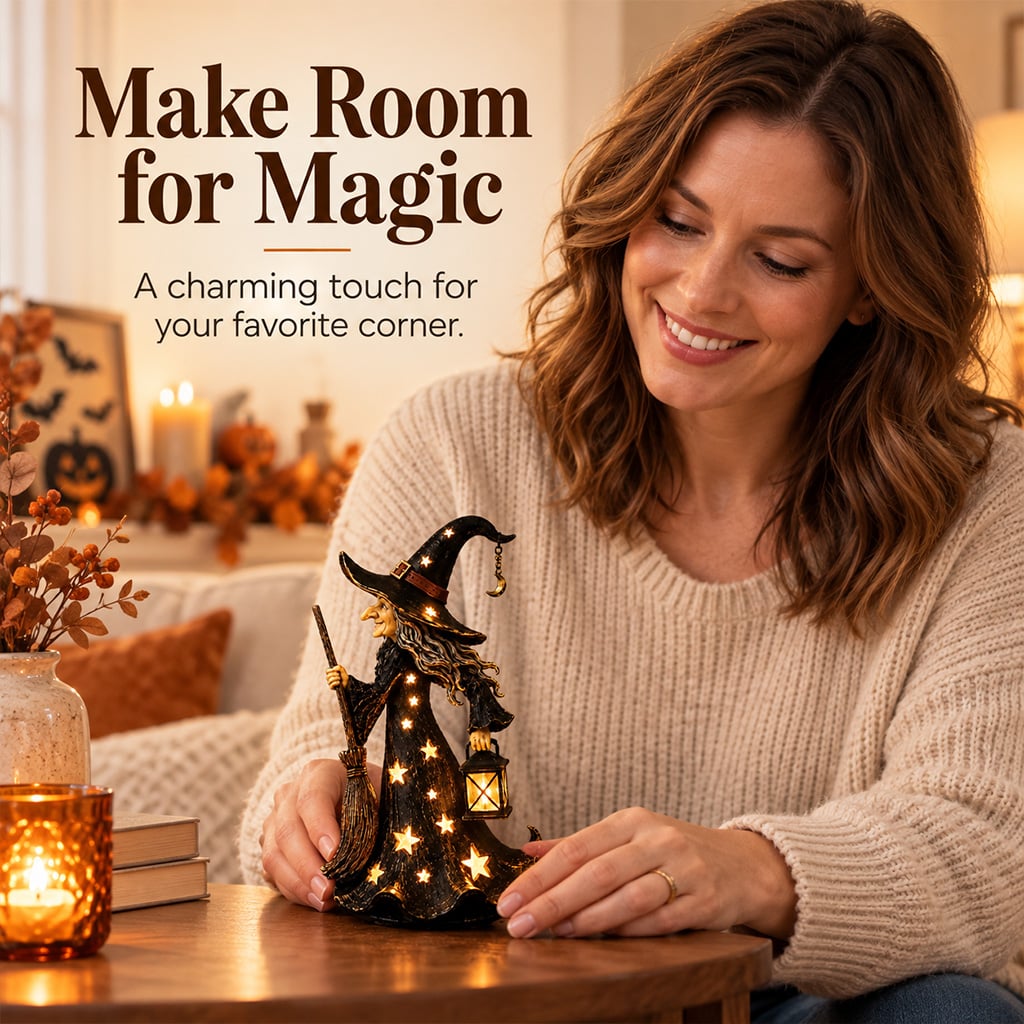 Woman arranging a witch night light on a table