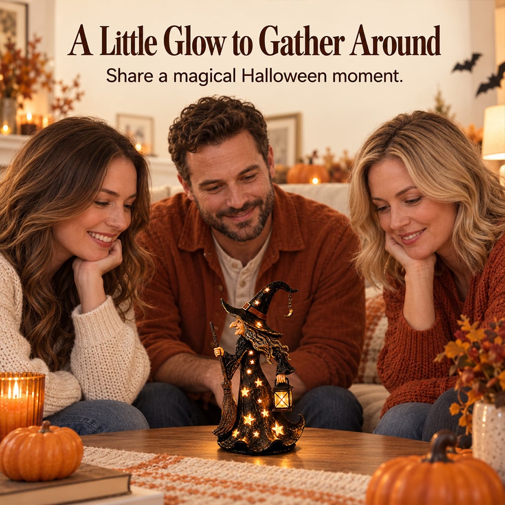 Family gathered around a glowing witch Halloween decoration