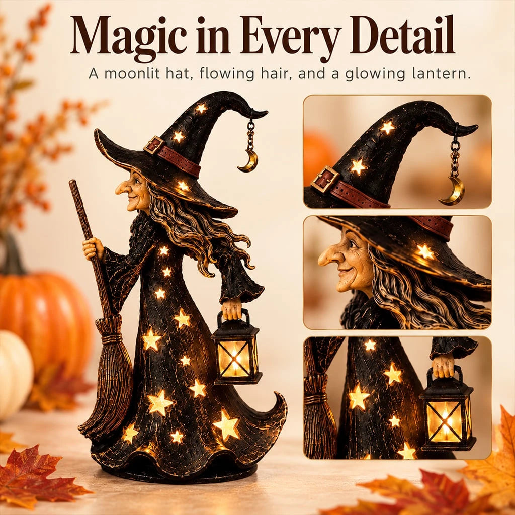 Close-up of the witch night light hat, star cutouts and lantern