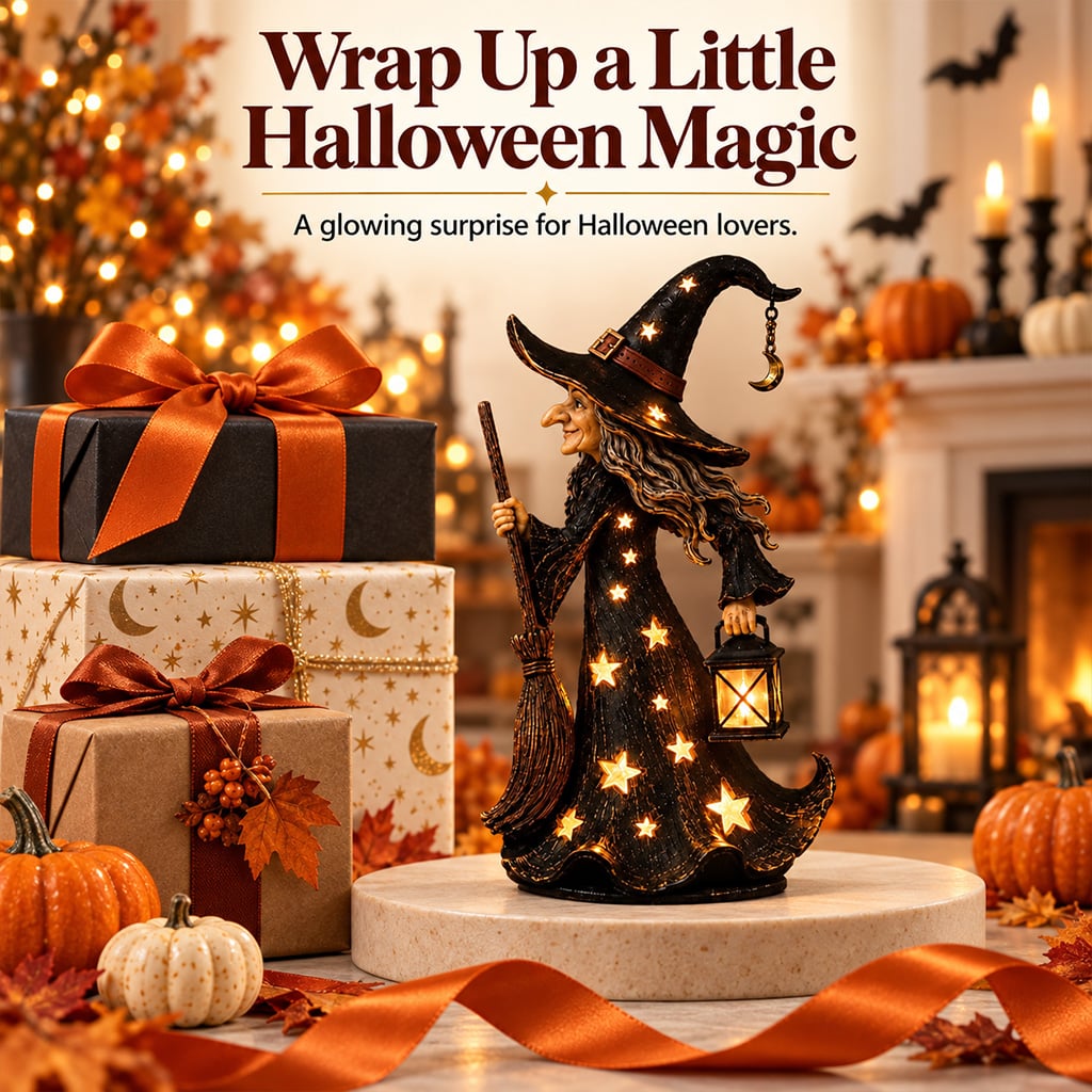 Witch night light beside wrapped Halloween presents