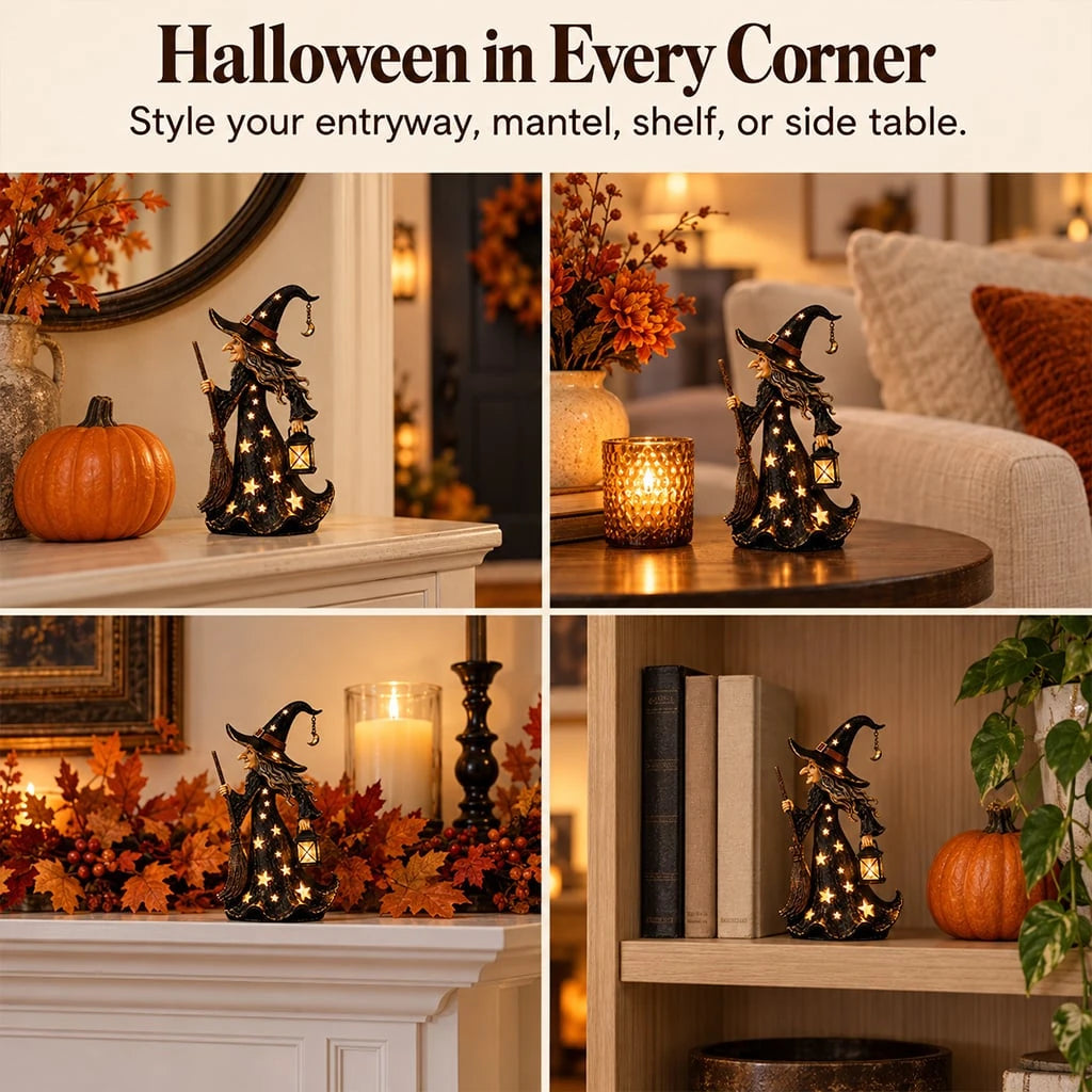 Witch night light styled on a mantel, shelf and side table